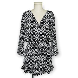 Ellison Black & White Print Romper With Ruffle Hem Deep V-Neck Size Medium
